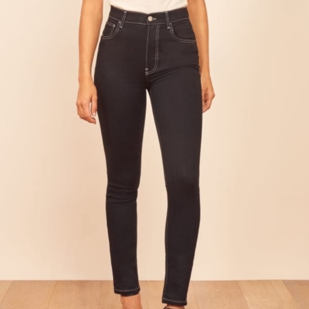 Reformation black and white contrast trim stretch skinny jeans